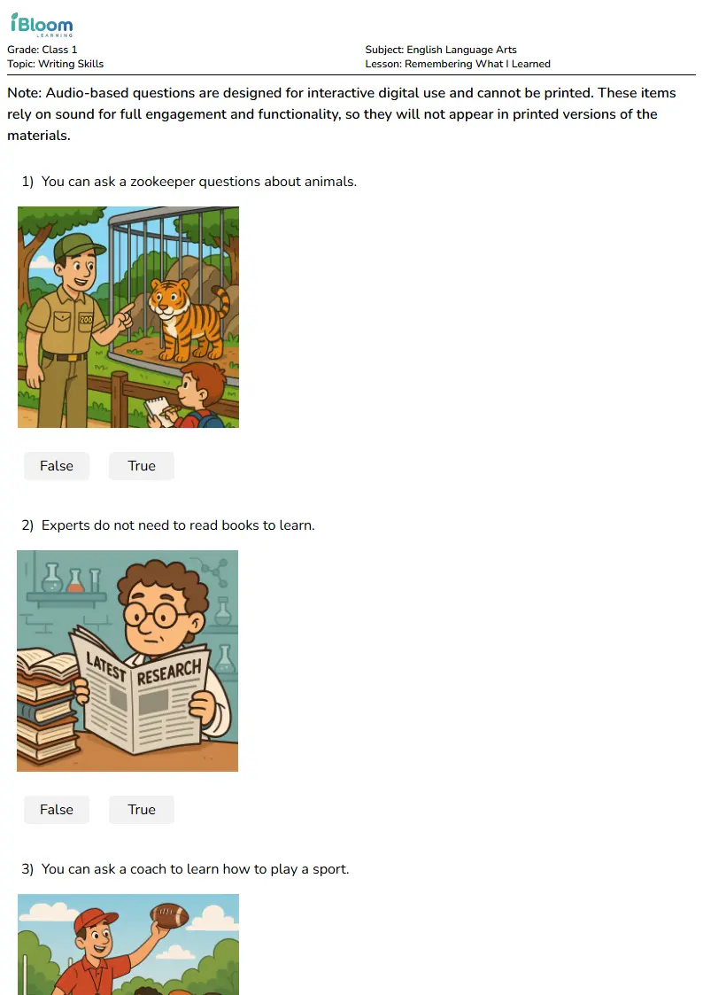Free Remembering What I Learned Worksheets for Class 1 | iBloom