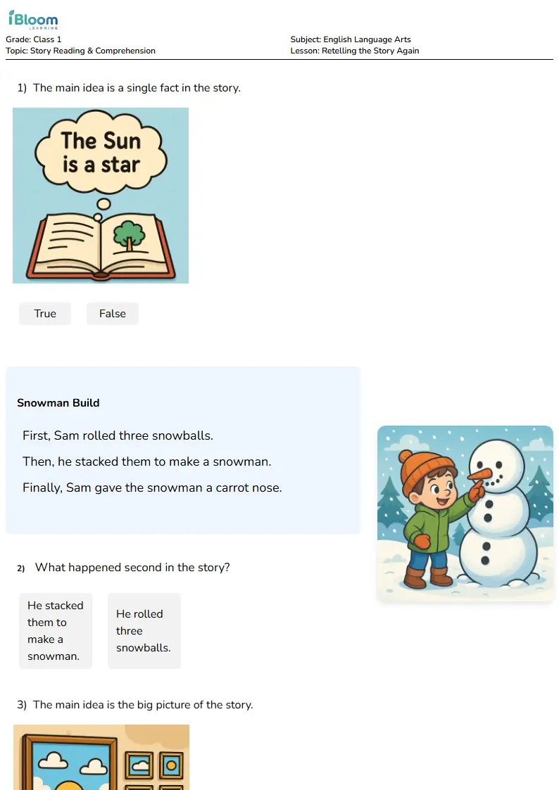 Free Retelling the Story Again Worksheets for Class 1 | iBloom