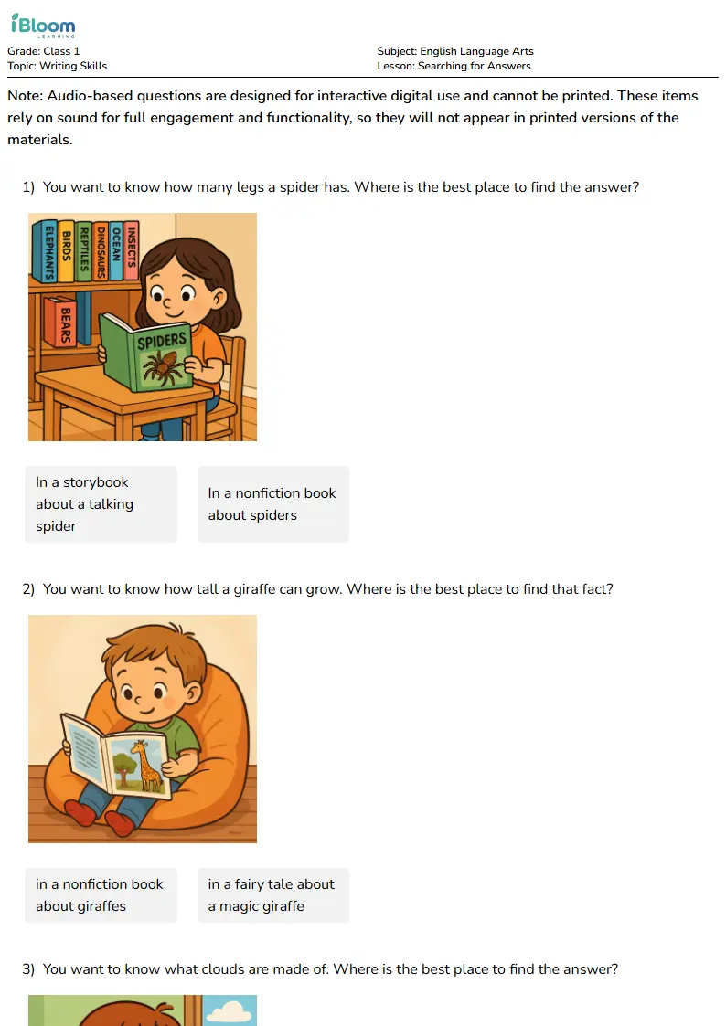 Free Searching for Answers Worksheets for Class 1 | iBloom