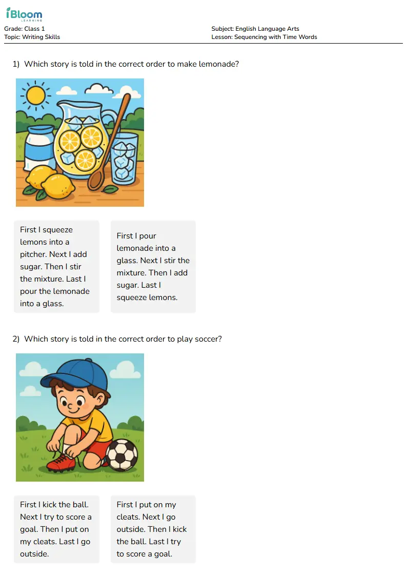 Free Sequencing with Time Words Worksheets for Class 1 | iBloom