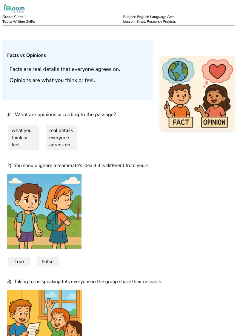 Free Small Research Projects Worksheets for Class 1 | iBloom