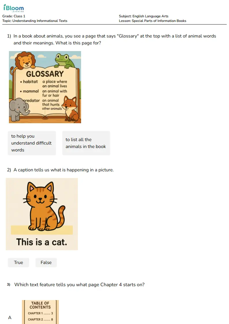 Free Special Parts of Information Books Worksheets for Class 1 | iBloom