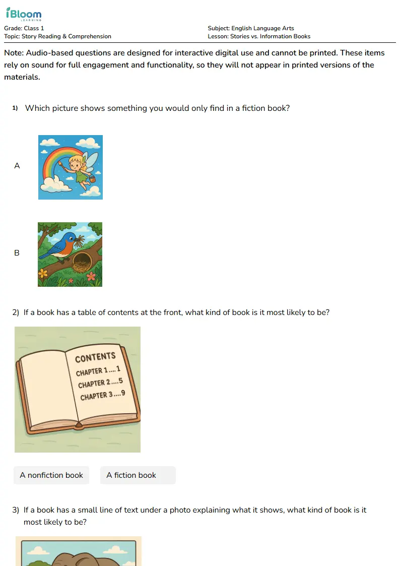 Free Stories vs. Information Books Worksheets for Class 1 | iBloom