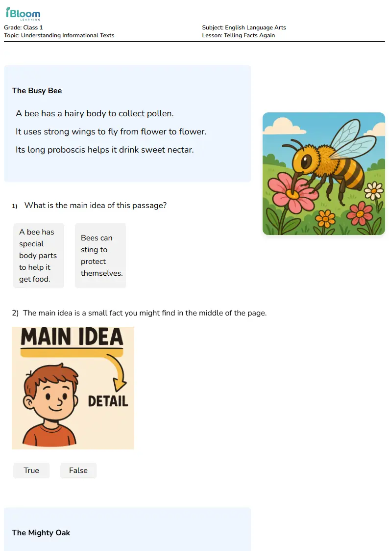 Free Telling Facts Again Worksheets for Class 1 | iBloom