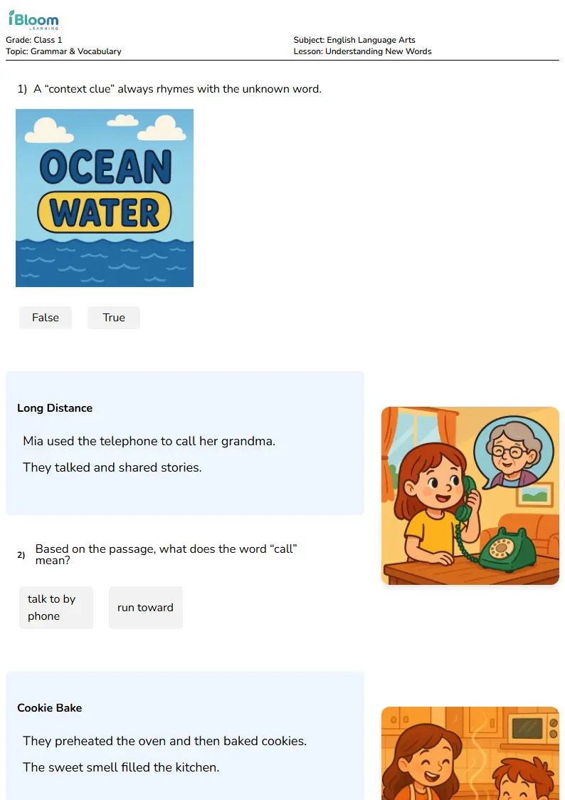 Free Understanding New Words Worksheets for Class 1 | iBloom
