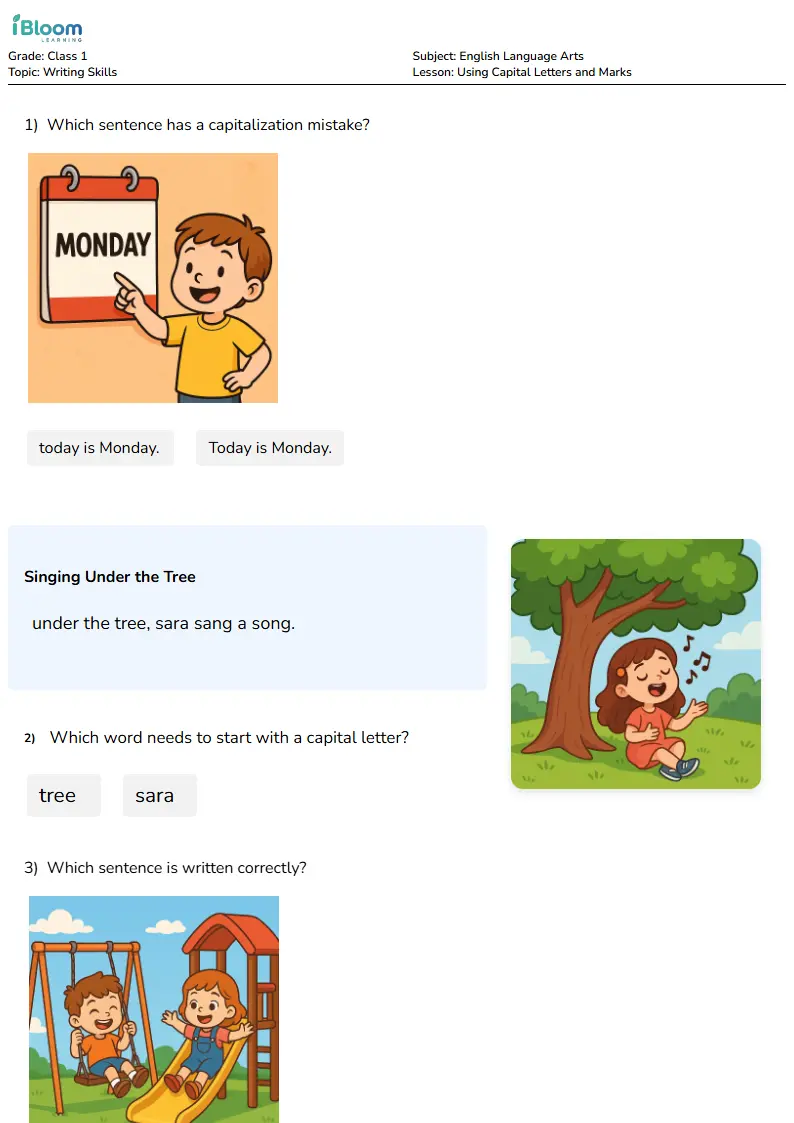 Free Using Capital Letters and Marks Worksheets for Class 1 | iBloom