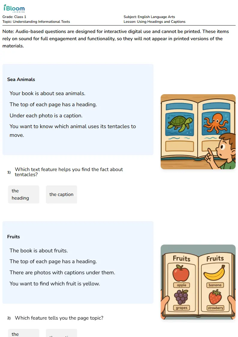 Free Using Headings and Captions Worksheets for Class 1 | iBloom