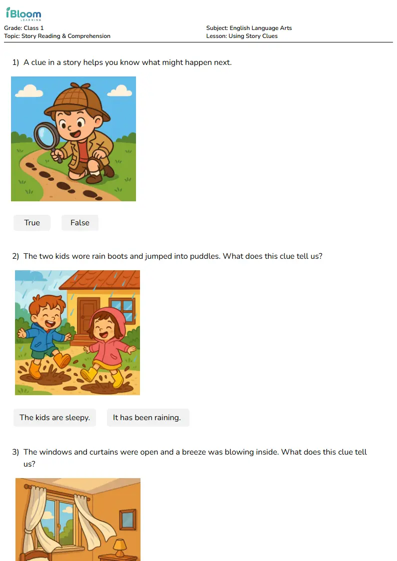 Free Using Story Clues Worksheets for Class 1 | iBloom