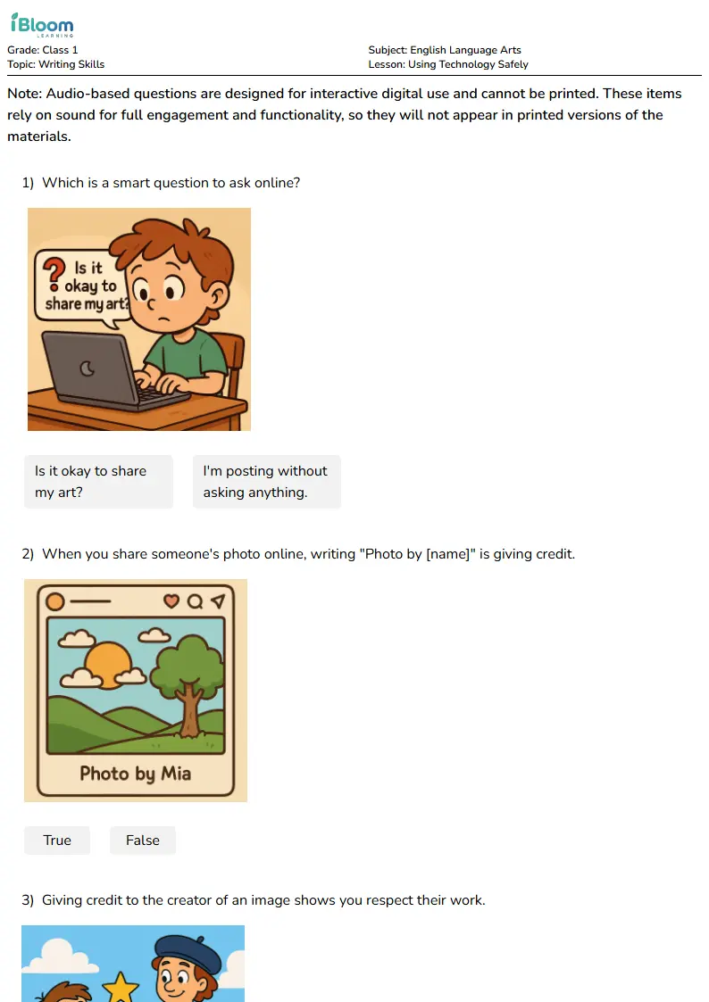 Free Using Technology Safely Worksheets for Class 1 | iBloom