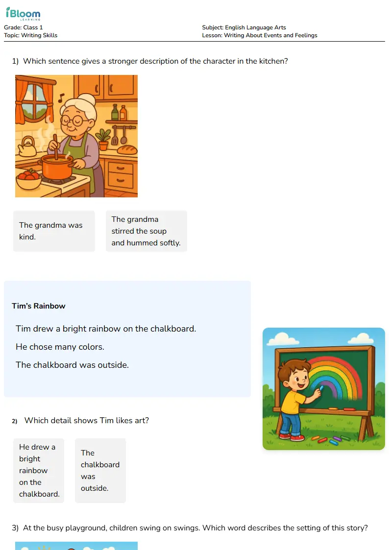 Free Writing About Events and Feelings Worksheets for Class 1 | iBloom