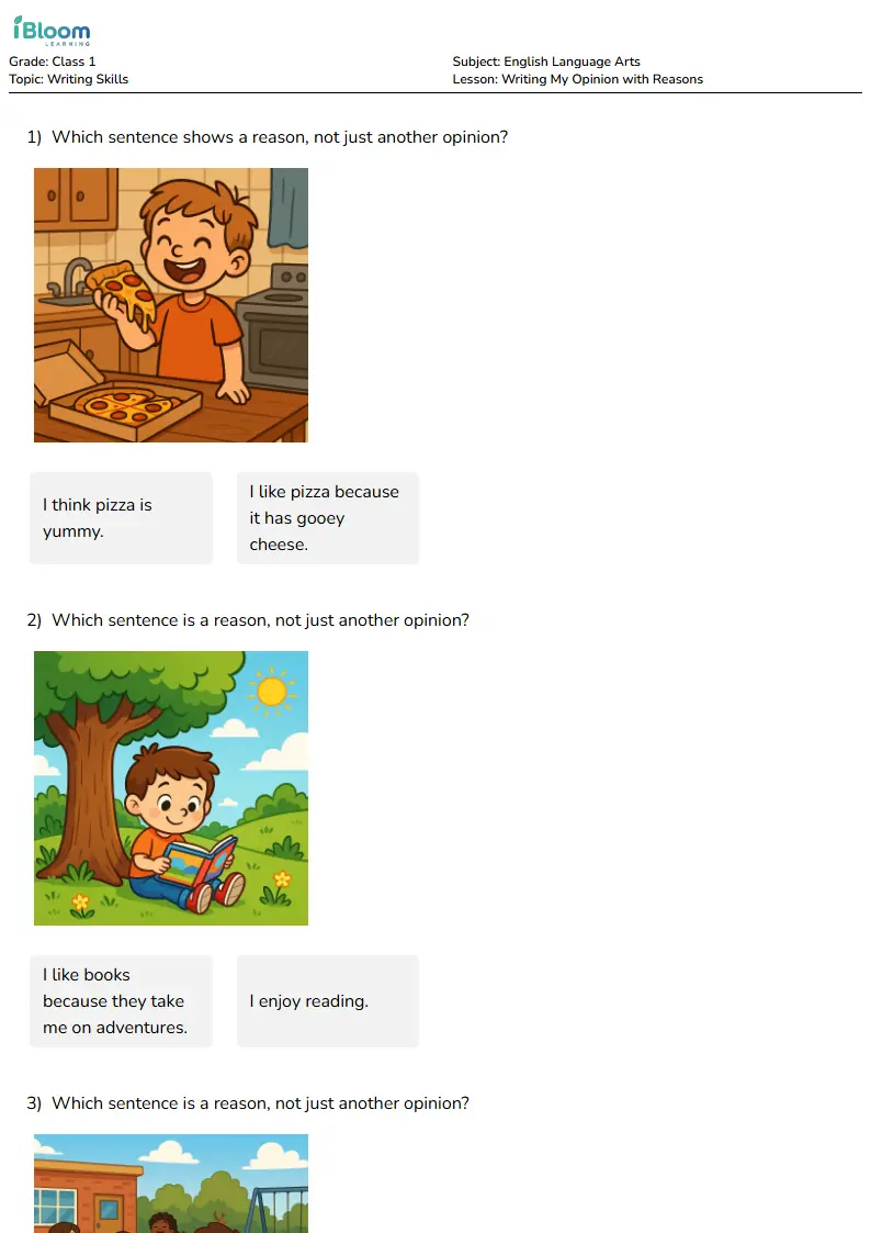 Free Writing My Opinion with Reasons Worksheets for Class 1 | iBloom