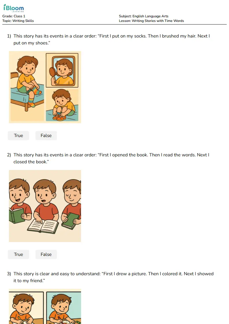 Free Writing Stories with Time Words Worksheets for Class 1 | iBloom