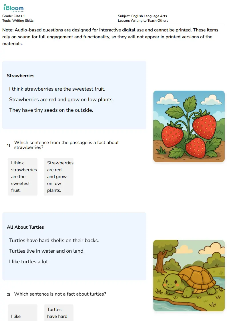 Free Writing to Teach Others Worksheets for Class 1 | iBloom