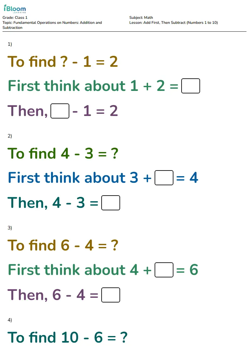 Free Add First, Then Subtract (Numbers 1 to 10) Worksheets for Class 1