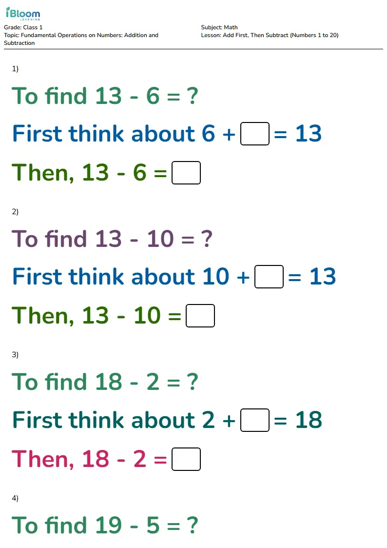 Use Addition to Solve Subtraction to 20 | Class 1