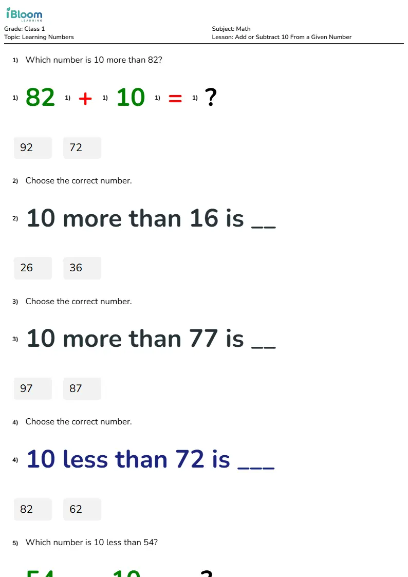 Free Add or Subtract 10 From a Given Number Worksheets for Class 1