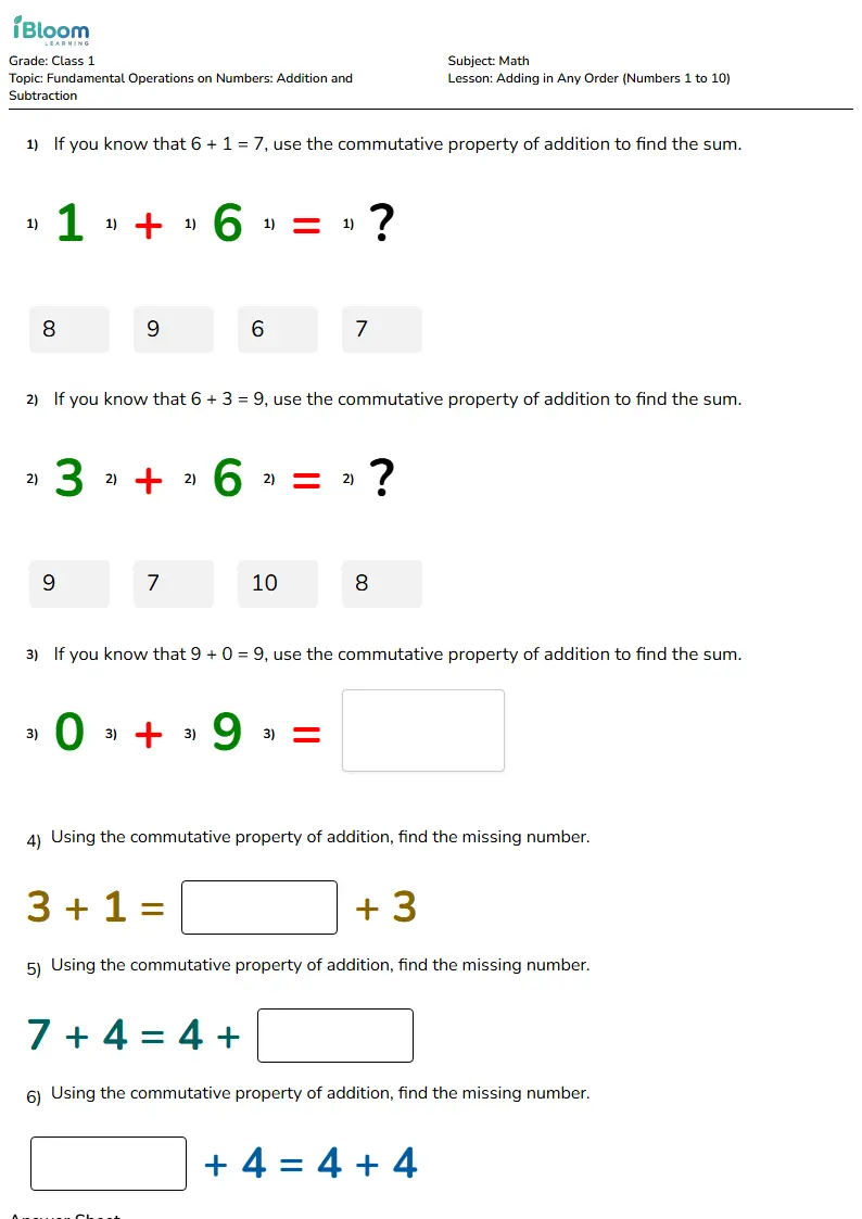 Free Adding in Any Order (Numbers 1 to 10) Worksheets for Class 1