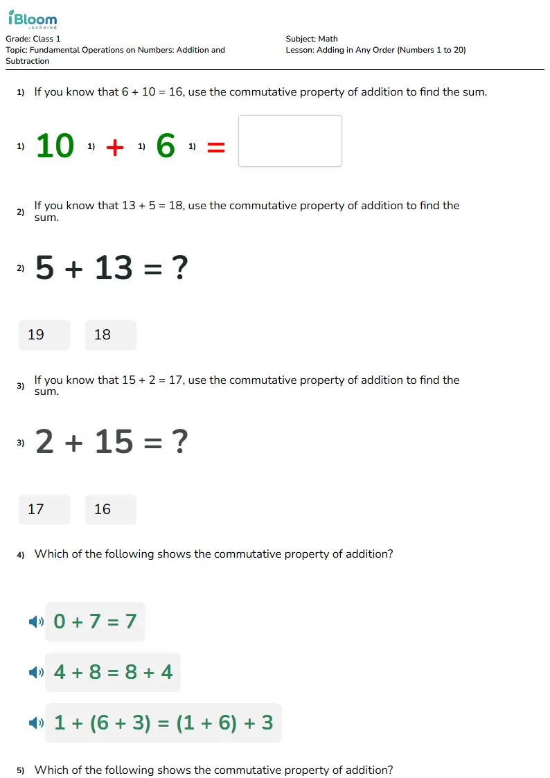 Free Adding in Any Order (Numbers 1 to 20) Worksheets for Class 1