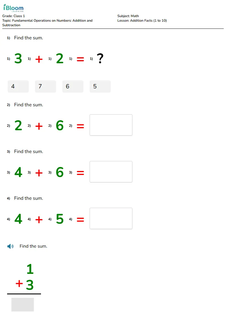 Free Addition Facts (1 to 10) Worksheets for Class 1
