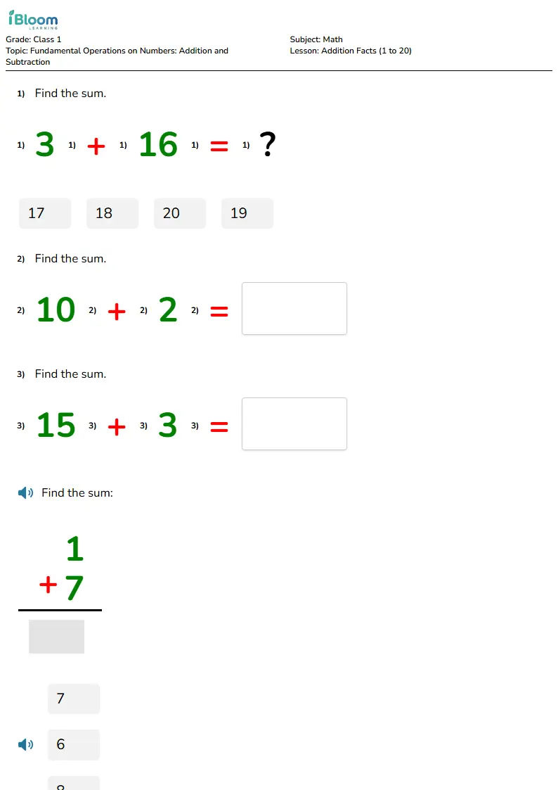 Free Addition Facts (1 to 20) Worksheets for Class 1