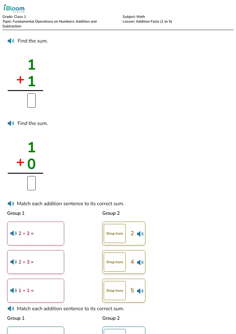 Free Addition Facts (1 to 5) Worksheets for Class 1