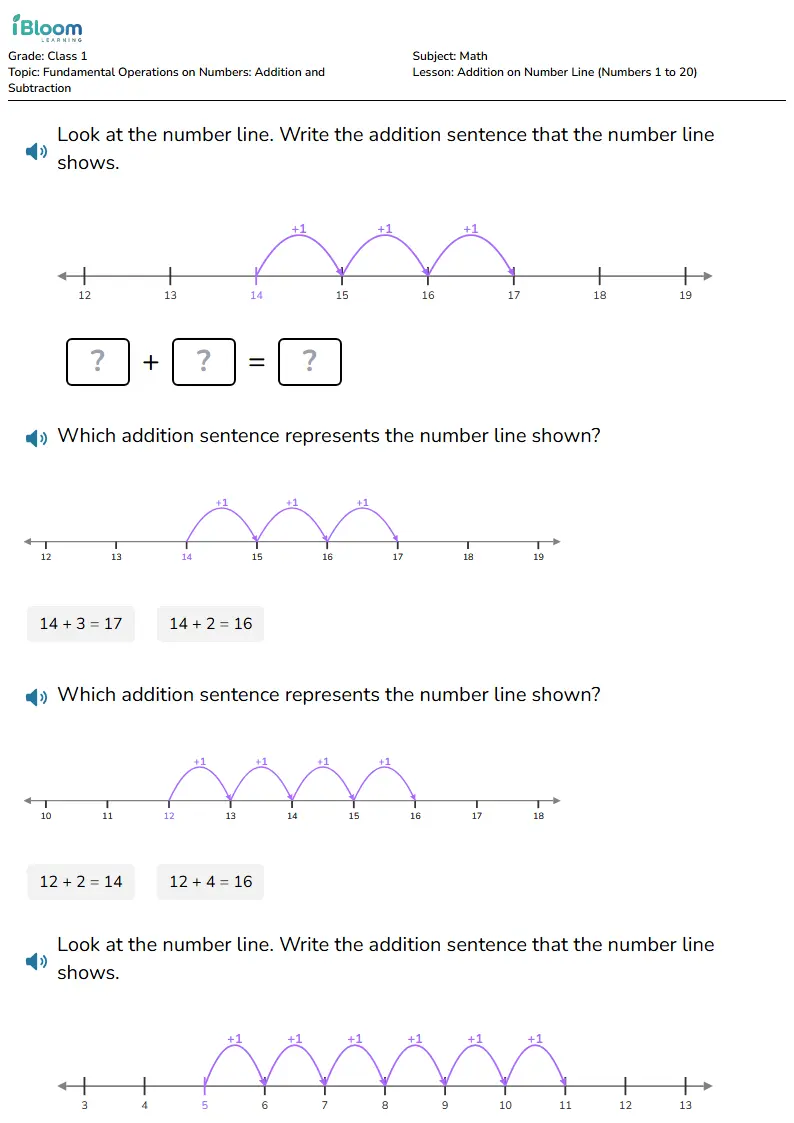 Free Addition on Number Line (Numbers 1 to 20) Worksheets for Class 1