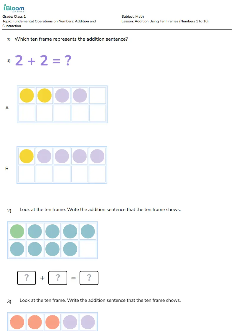 Ten-Frame Addition Worksheet for Class 1