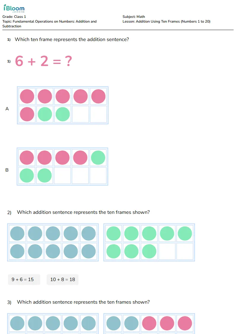 Free Addition Using Ten Frames (Numbers 1 to 20) Worksheets for Class 1
