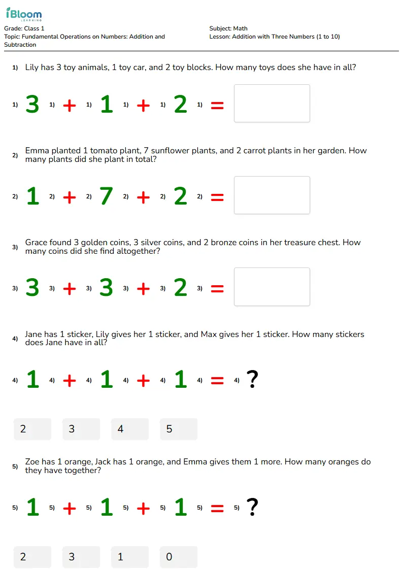 Free Addition with Three Numbers (1 to 10) Worksheets for Class 1