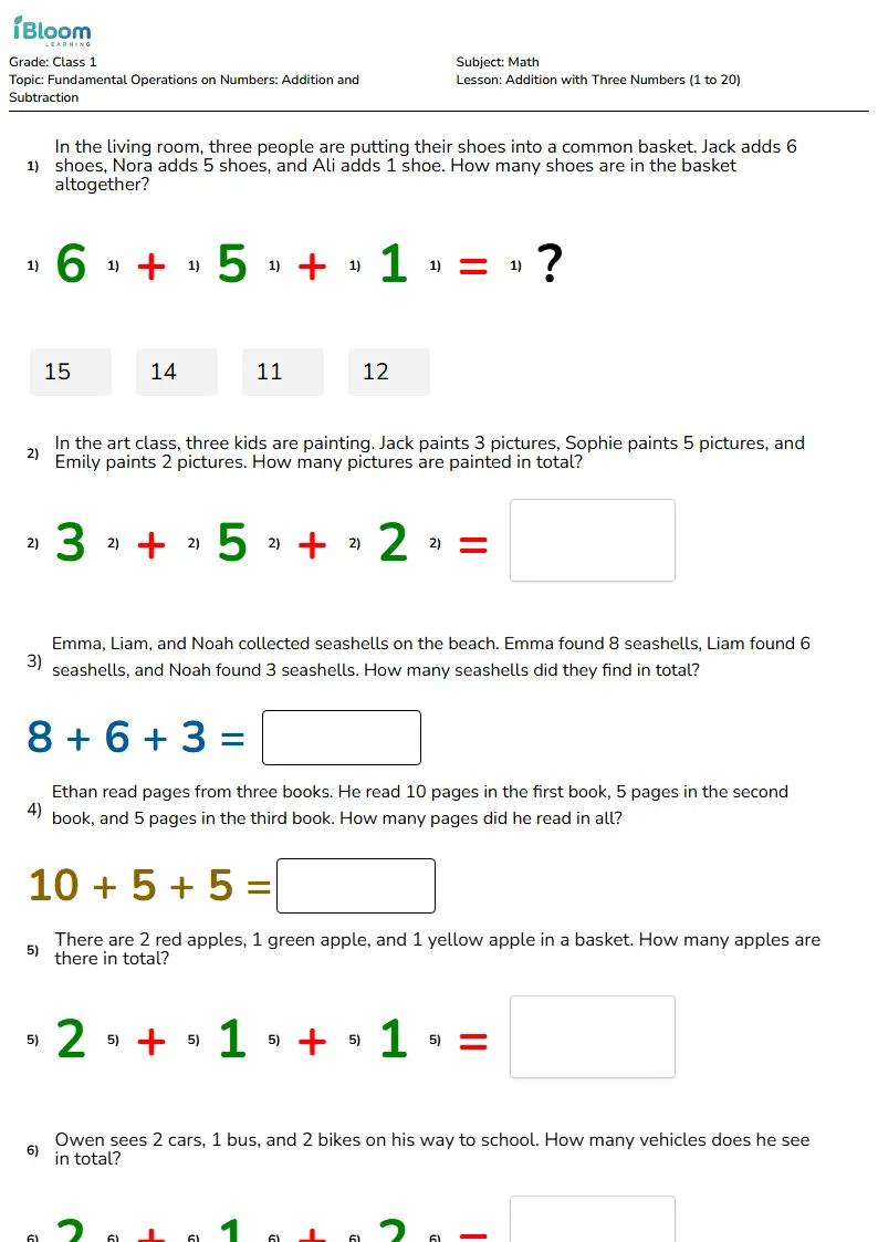 Free Addition with Three Numbers (1 to 20) Worksheets for Class 1