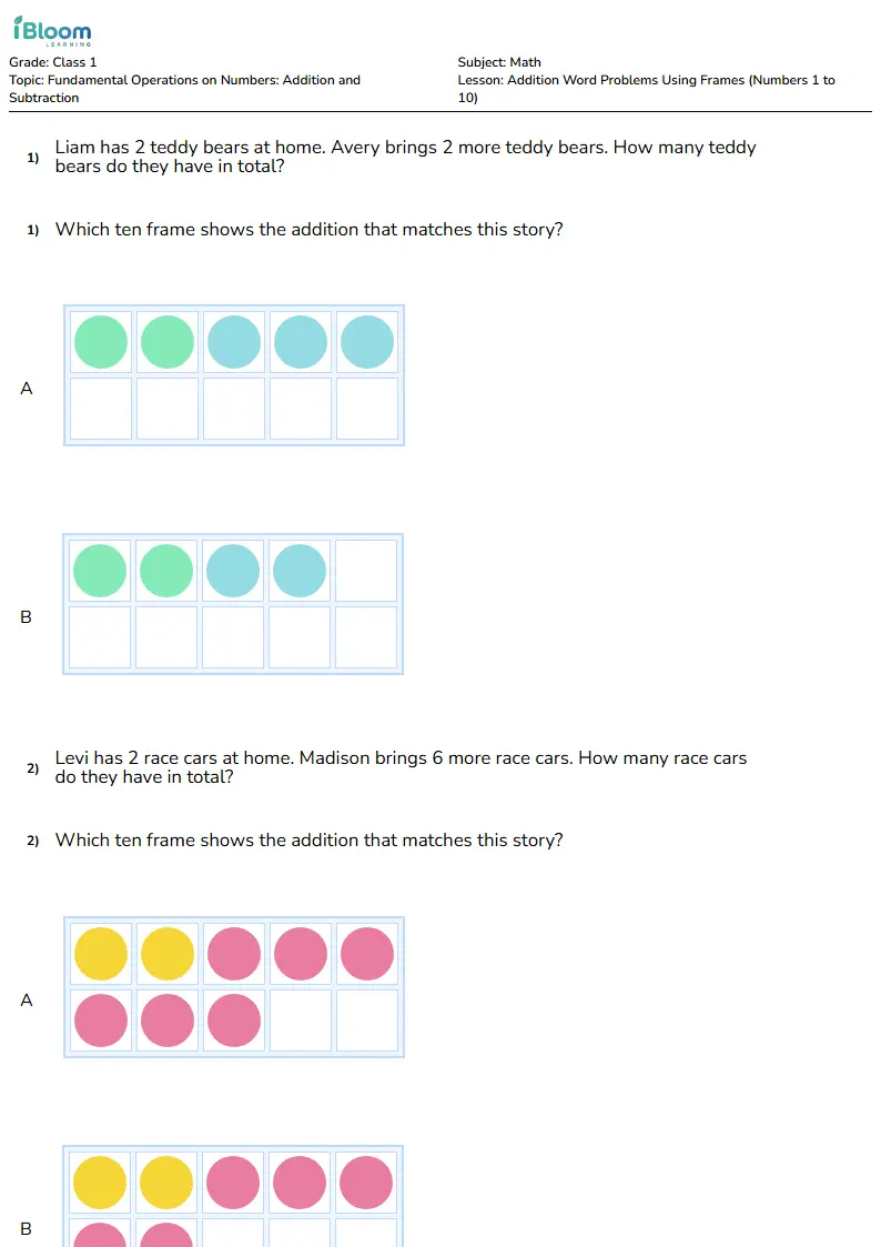 Free Addition Word Problems Using Frames (Numbers 1 to 10) Worksheets for Class 1