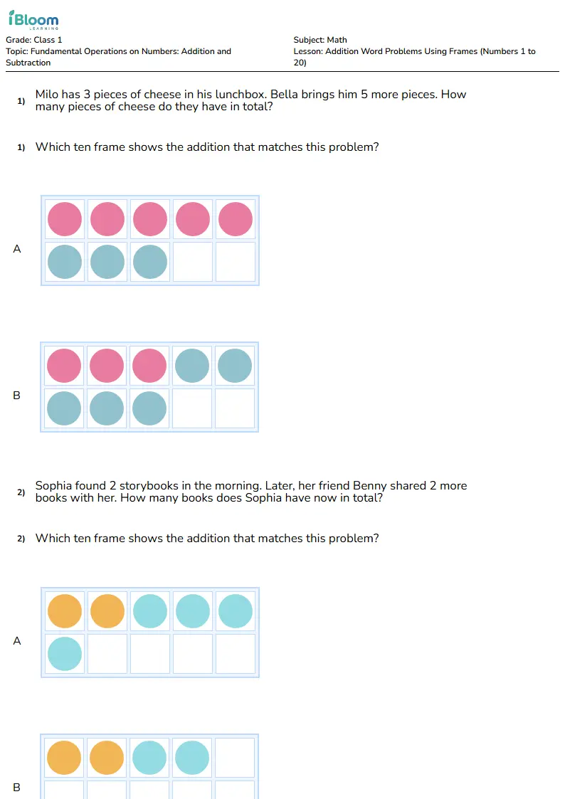 Addition Frames Word Problems | Class 1