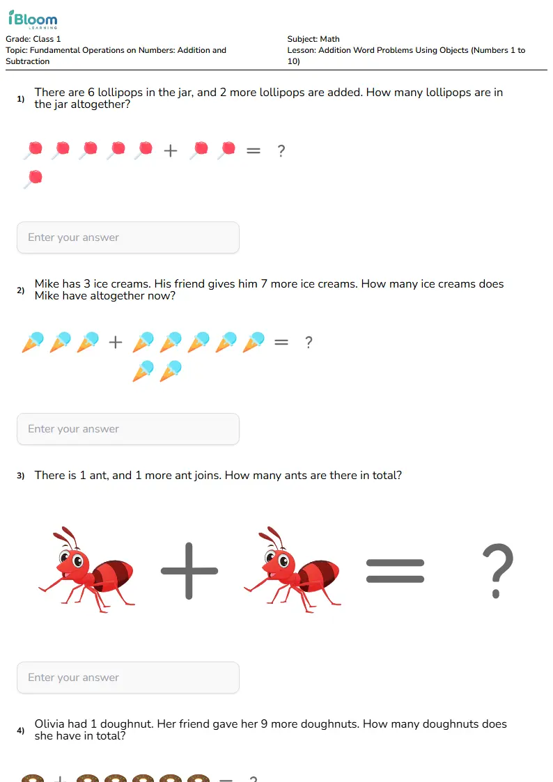 Free Addition Word Problems Using Objects (Numbers 1 to 10) Worksheets for Class 1