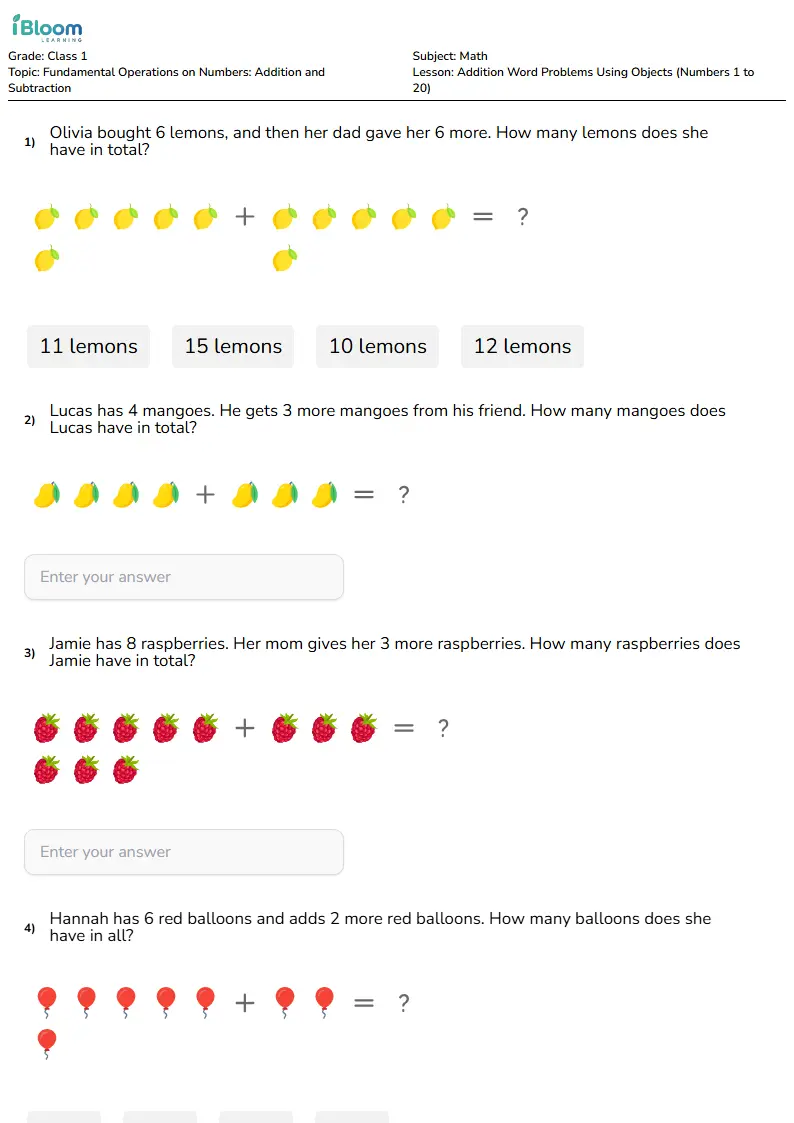 Free Addition Word Problems Using Objects (Numbers 1 to 20) Worksheets for Class 1