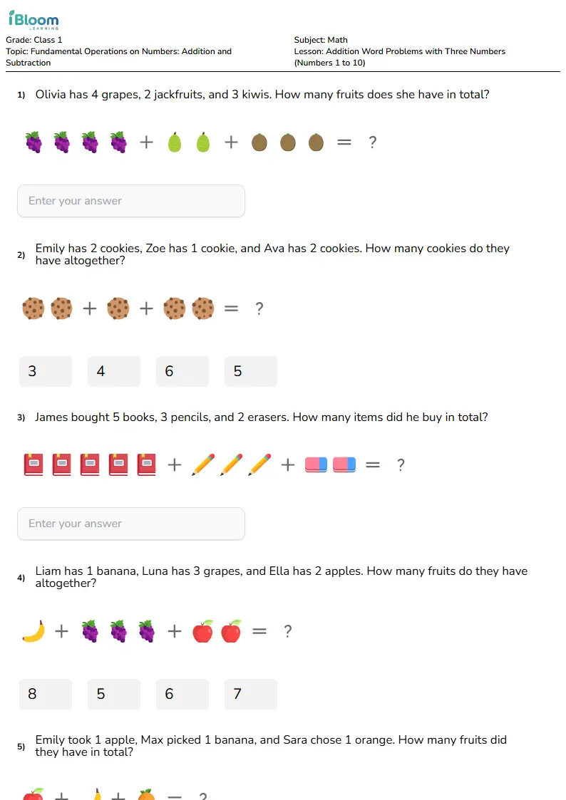 Free Addition Word Problems with Three Numbers (Numbers 1 to 10) Worksheets for Class 1
