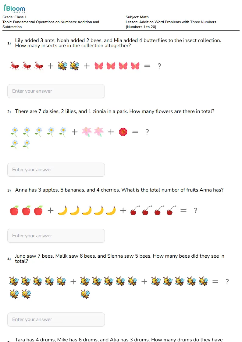 Free Addition Word Problems with Three Numbers (Numbers 1 to 20) Worksheets for Class 1