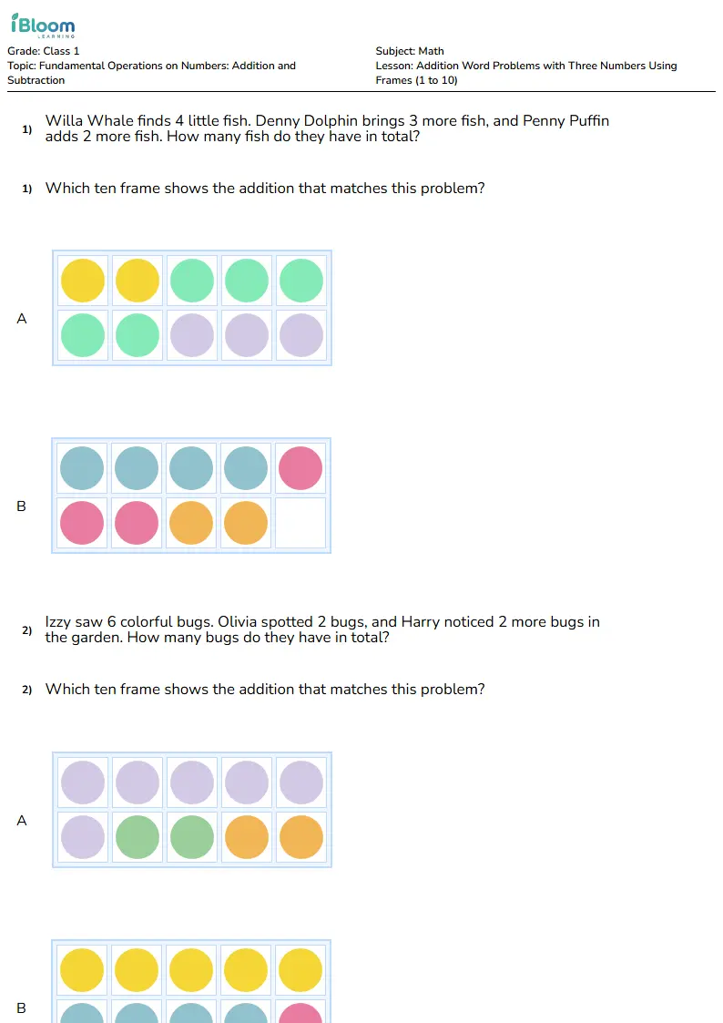 Free Addition Word Problems with Three Numbers Using Frames (1 to 10) Worksheets for Class 1