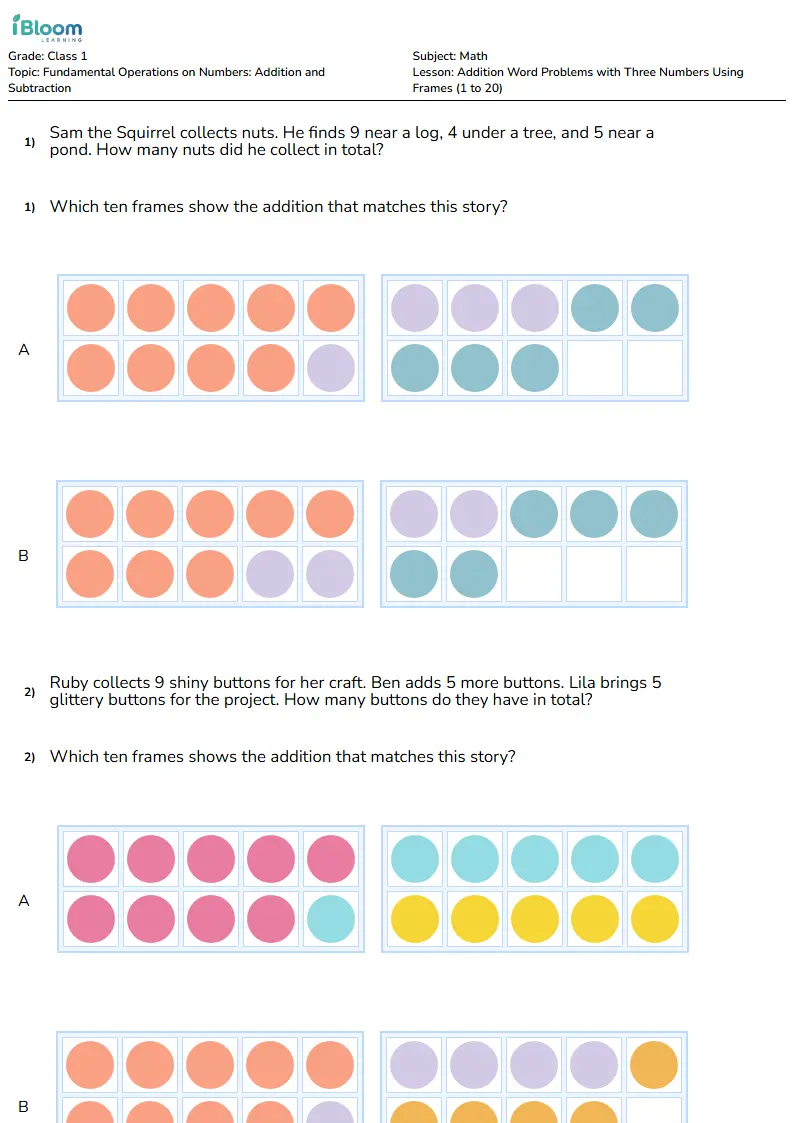 Free Addition Word Problems with Three Numbers Using Frames (1 to 20) Worksheets for Class 1 | iBloom