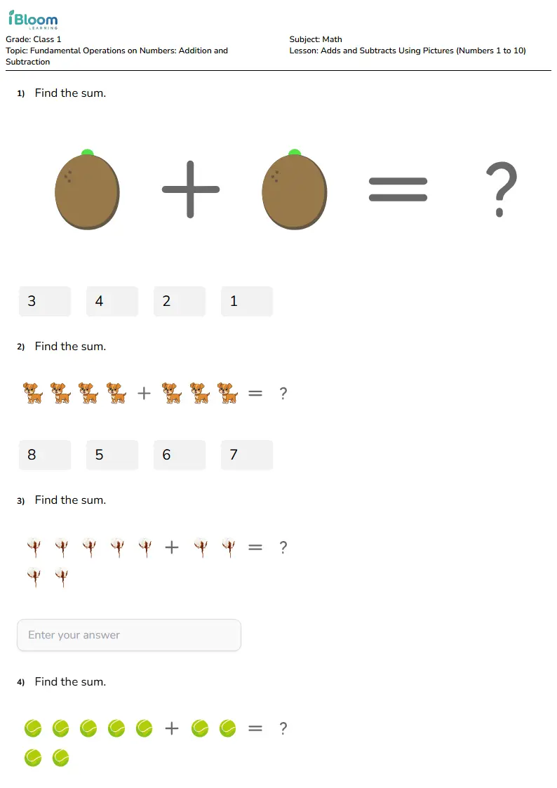 Free Adds and Subtracts Using Pictures (Numbers 1 to 10) Worksheets for Class 1 | iBloom