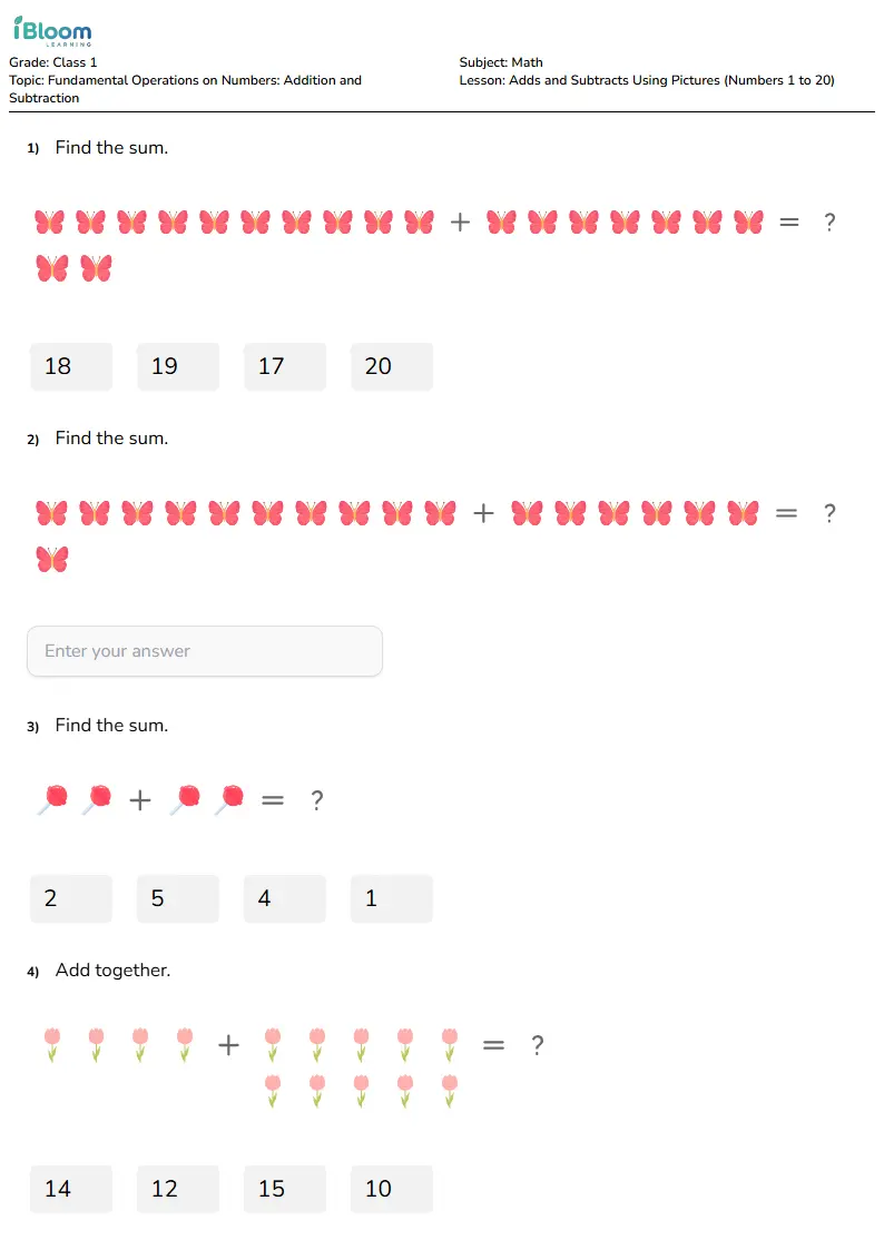Free Adds and Subtracts Using Pictures (Numbers 1 to 20) Worksheets for Class 1 | iBloom