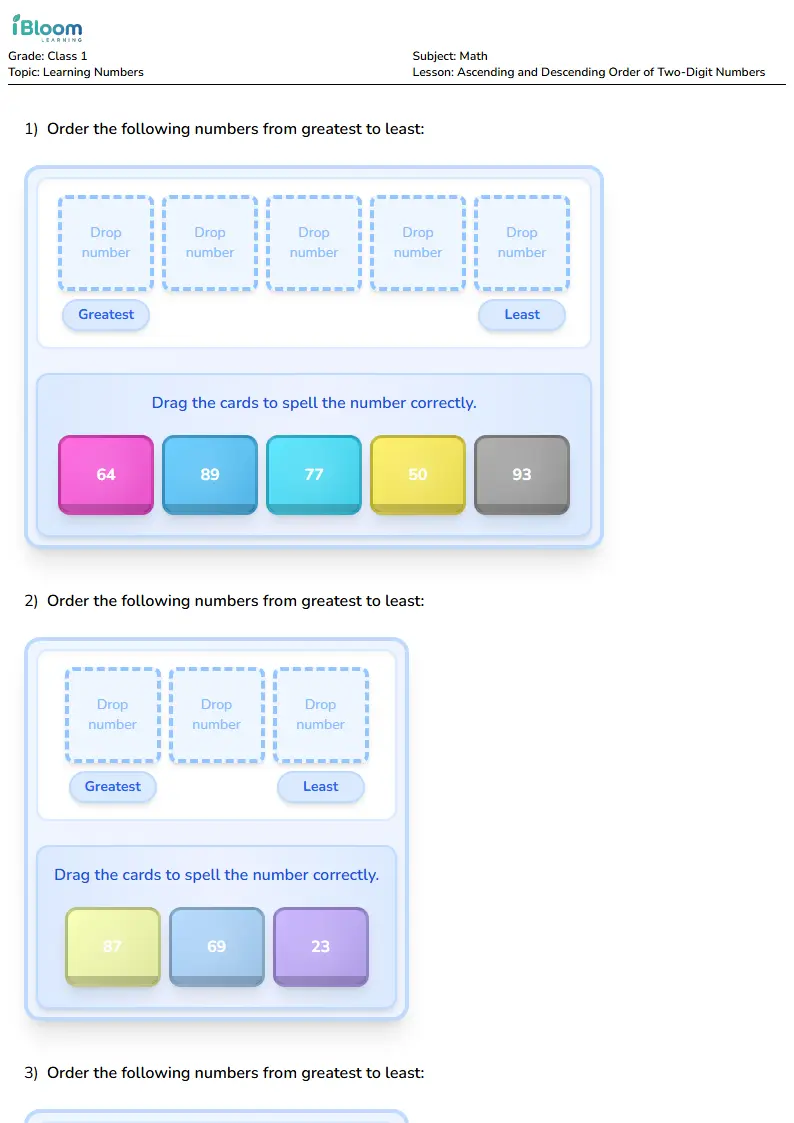 Free Ascending and Descending Order of Two-Digit Numbers Worksheets for Class 1 | iBloom
