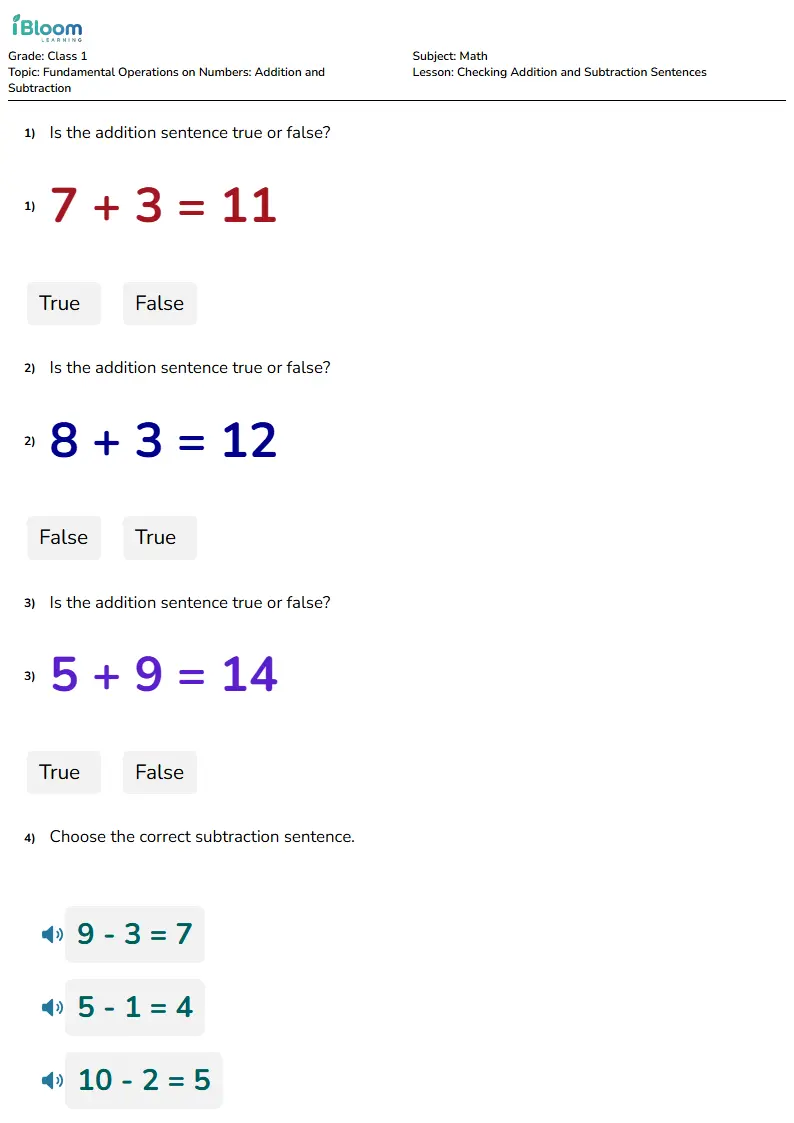 Free Checking Addition and Subtraction Sentences Worksheets for Class 1 | iBloom