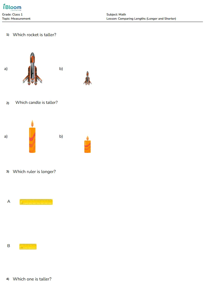 Free Comparing Lengths (Longer and Shorter) Worksheets for Class 1 | iBloom