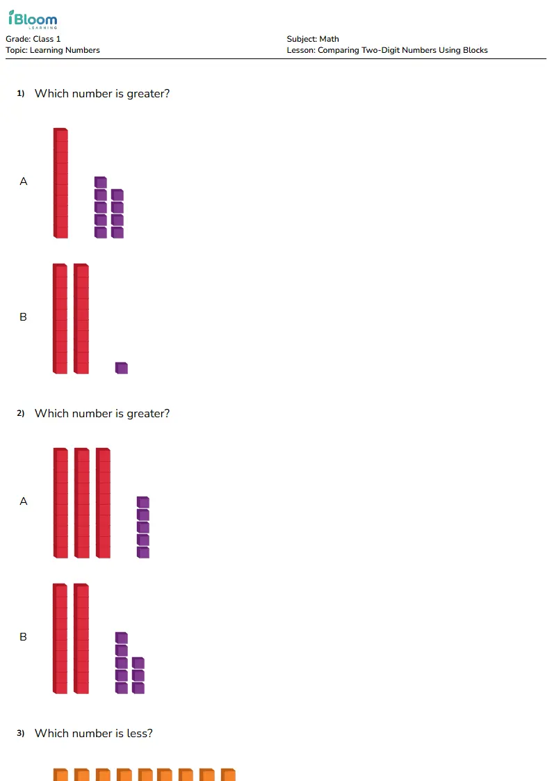 Free Comparing Two-Digit Numbers Using Blocks Worksheets for Class 1 | iBloom