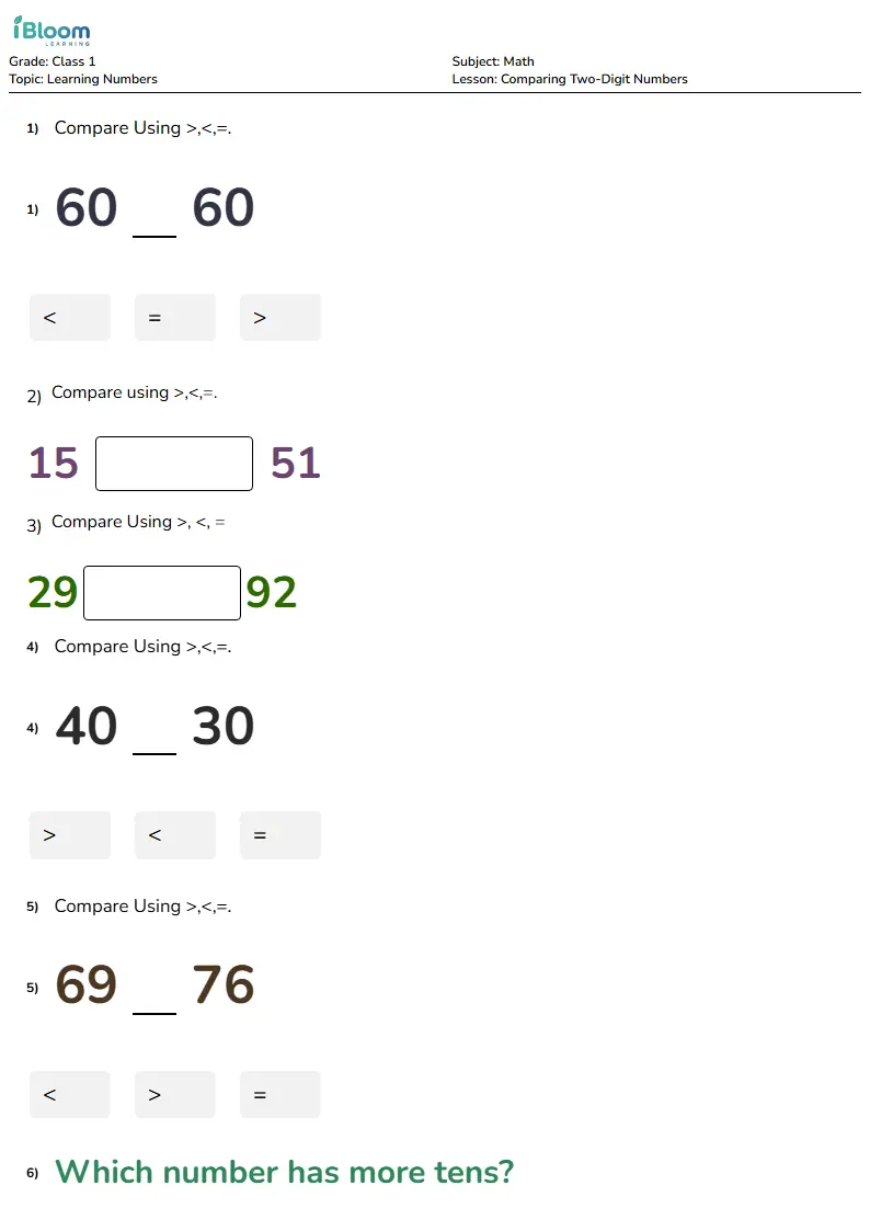 Free Comparing Two-Digit Numbers Worksheets for Class 1 | iBloom