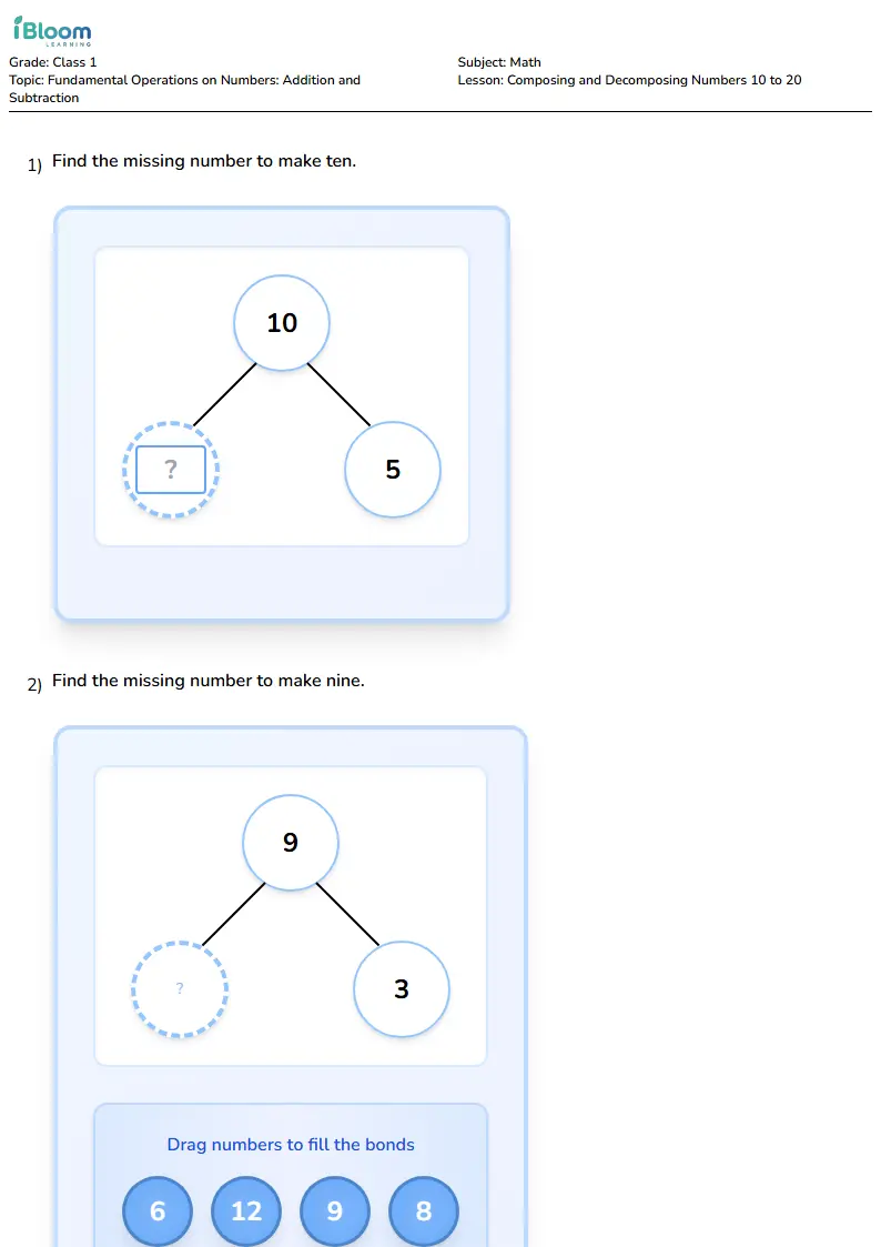 Free Composing and Decomposing Numbers 10 to 20 Worksheets for Class 1 | iBloom