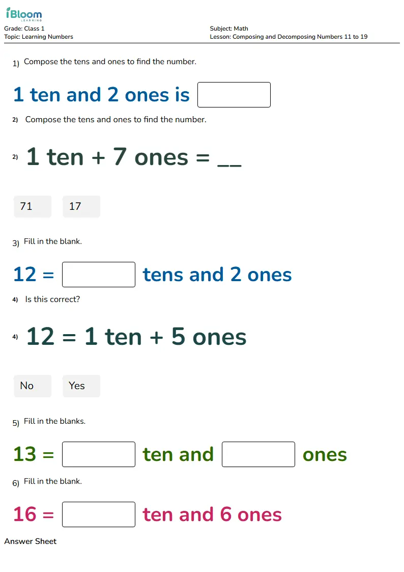 Free Composing and Decomposing Numbers 11 to 19 Worksheets for Class 1 | iBloom