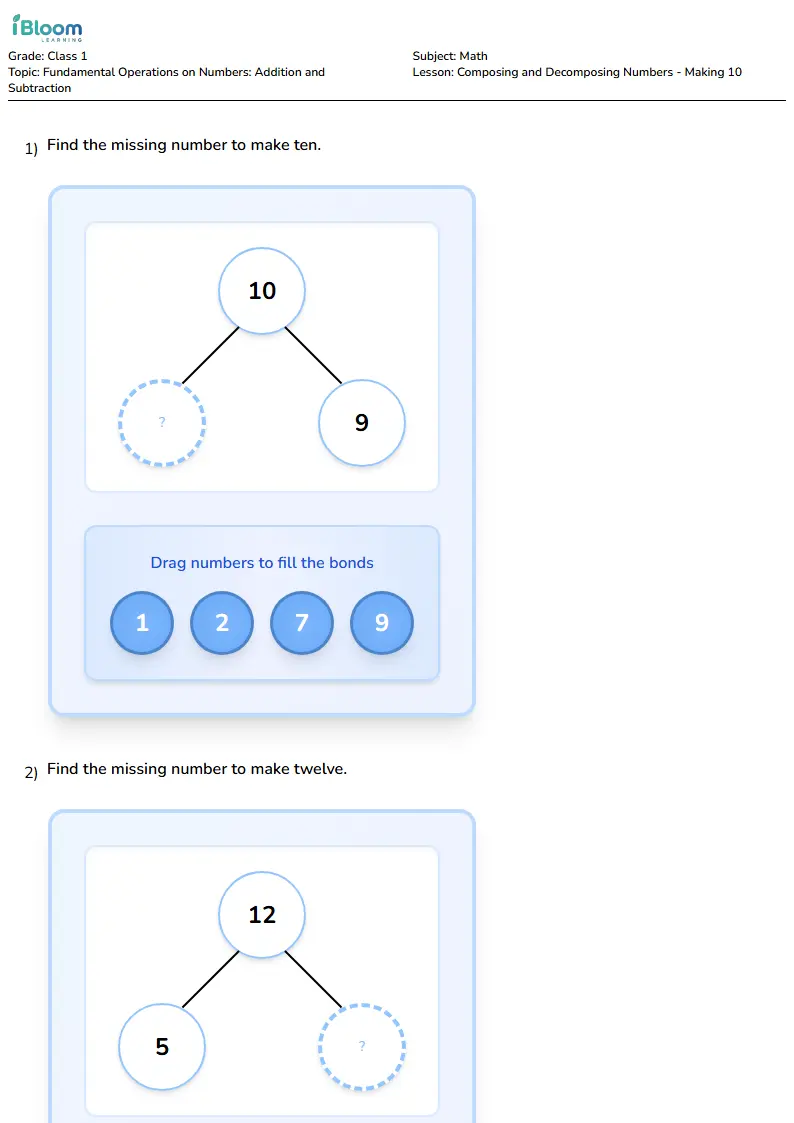 Free Composing and Decomposing Numbers - Making 10 Worksheets for Class 1 | iBloom