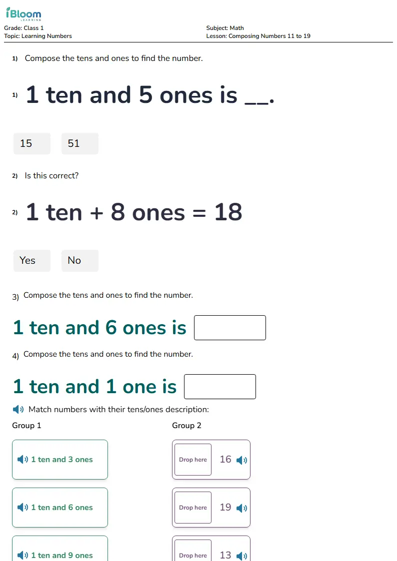Free Composing Numbers 11 to 19 Worksheets for Class 1 | iBloom