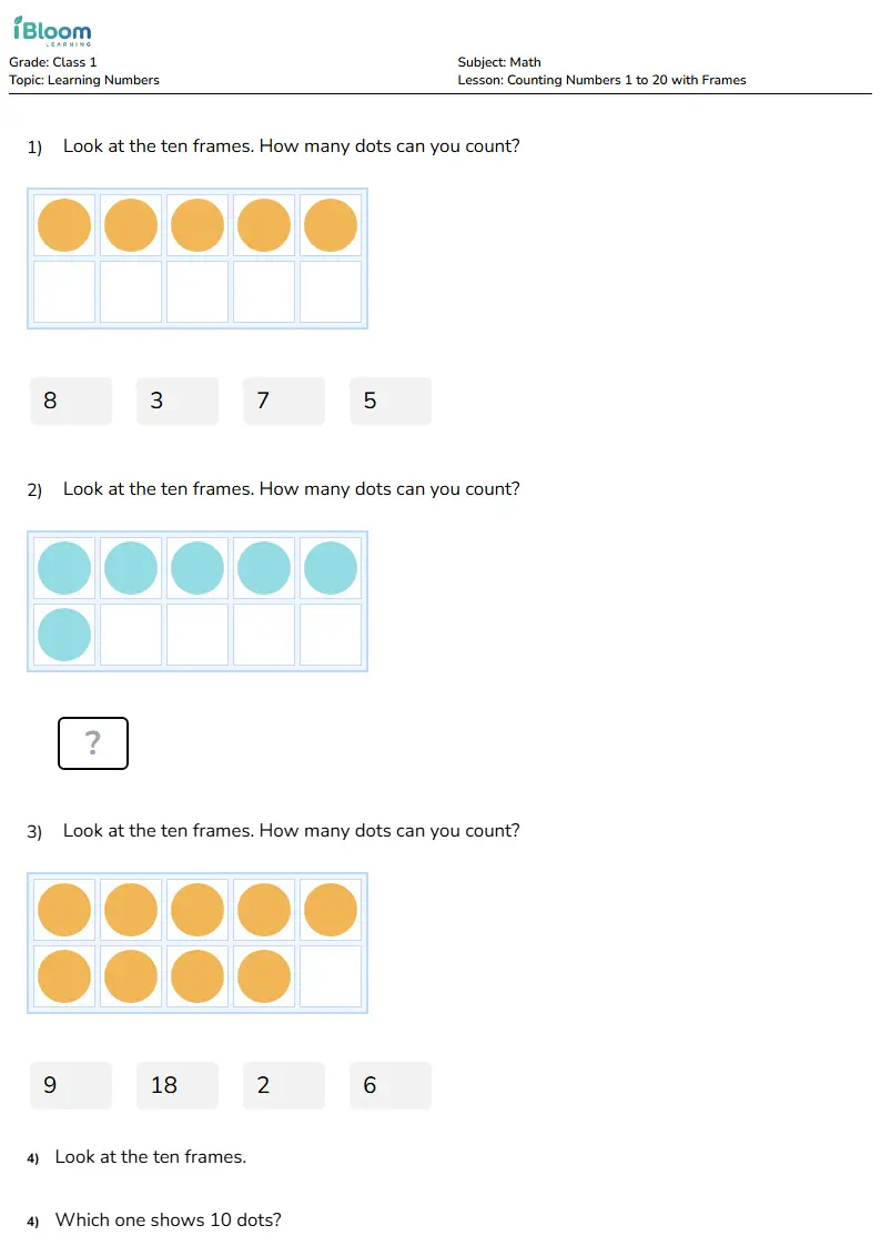 Free Counting Numbers 1 to 20 with Frames Worksheets for Class 1 | iBloom